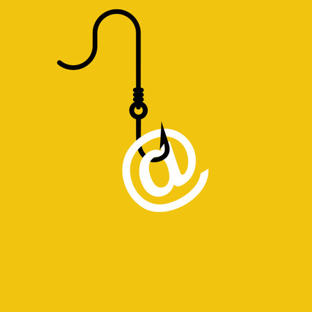 Phishing icon. The Internet is on the hook. Online fraud. Data theft. Internet security. Vector illustration flat design. Isolated on yellow background.のイラスト素材