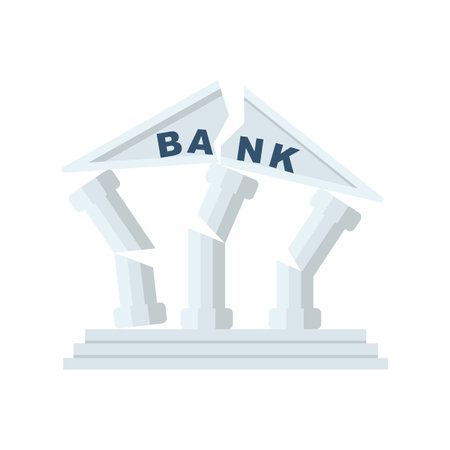 Ruined bank. Banking collapse. Financial crisis. Bankruptcy icon. Bank building in cracks. Vector illustration flat design. Isolated on white background.のイラスト素材