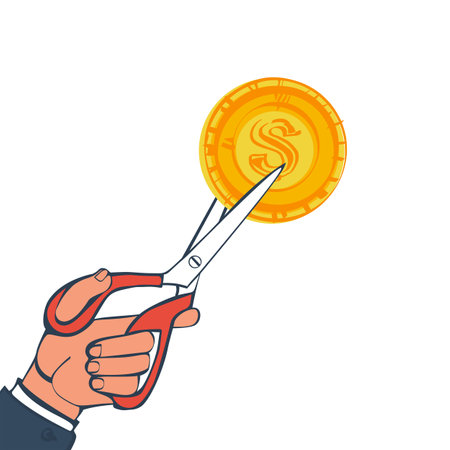 Cutting money, scissors in hands men, cutting dollar coin. Cost reduction. Half price.  Vector illustration sketch design. Isolated on background. Bill for two. Big discount.のイラスト素材