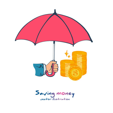 Protection money concept. Stack coins under an umbrella hold in hand. Secure investment, insurance. Vector illustration sketch flat design style. Shield to protect savings. Finance safety.のイラスト素材