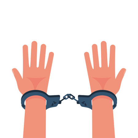 Hands in handcuffs. Human in jail. Prisoner concept. Vector illustration flat design.