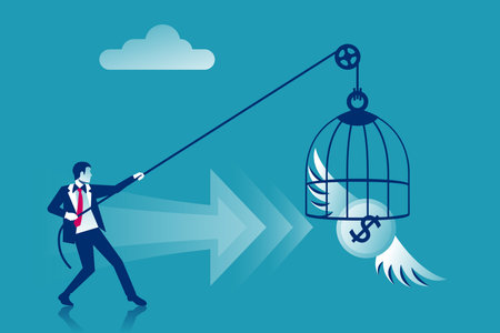 Chasing money concept. Businessman trying to catch flying coinのイラスト素材