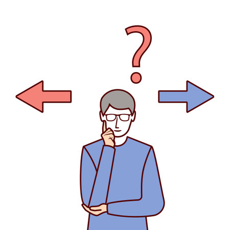 Man doubts. Making decision concept. Decide direction, arrows right left. Uncertain man before a difficult choice. Vector illustration flat design. Isolated on white background.のイラスト素材