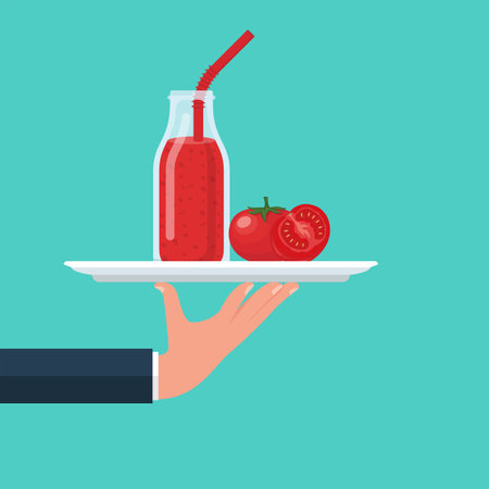 Tomato juice on tray. Waiter serves cocktail smoothie. Tasty vegetable. Template for menu or banner for healthy eating. Fresh energetic drink for healthy life. Vector illustration.のイラスト素材