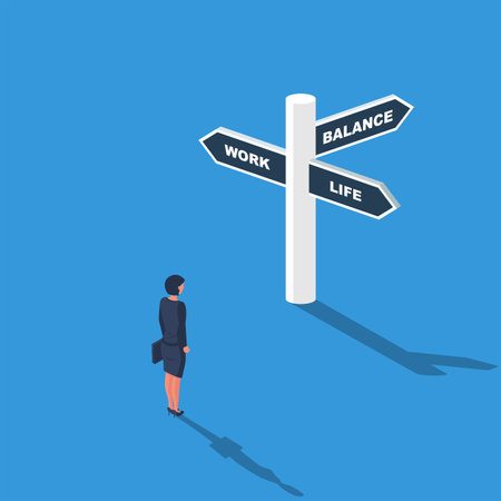 Work-life balance. A businesswoman is in front of a sign in three directions. Vector illustration isometric 3d design. Isolated on white background.のイラスト素材