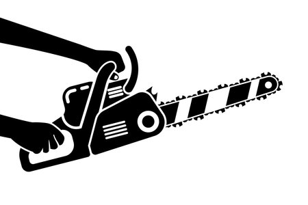 Chainsaw in a male hand isolated on a white background. The lumberjack holds a gasoline chain saw in hands. Ready to cut wood. Professional working instrument tool. Vector illustration flat design.のイラスト素材