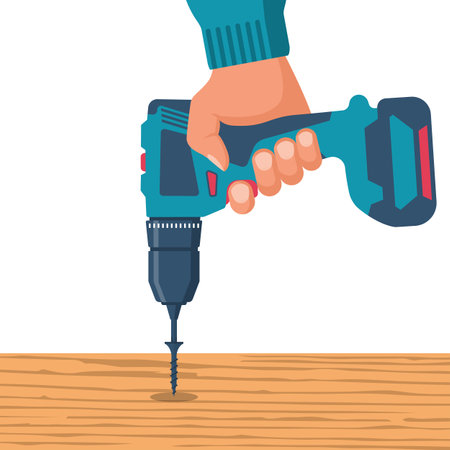Screwdriver in hands of men. Tightening the screw in wood panel. Electric screwdriver in hand. Home renovation equipment. Tools of the handyman. Vector illustration flat design.のイラスト素材