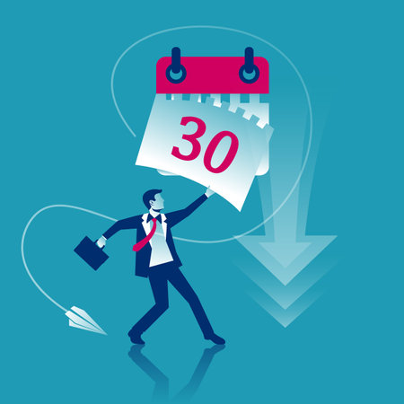 Tear off calendar sheet. End of month. Off date. Businessman hand closes the last sheet of the calendar. Deadline concept. Template page. Vector illustration flat design. 30 page.のイラスト素材