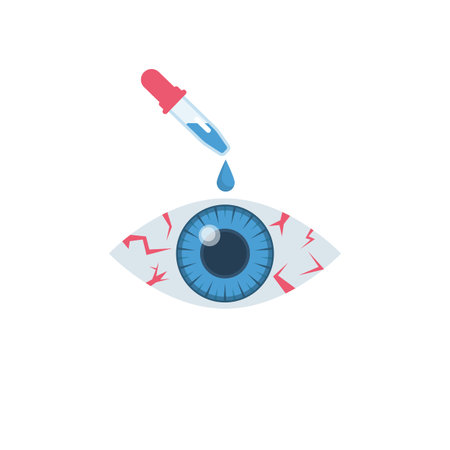 Unhealthy eye. Drops medicine into the eye with a pipette. Eye treatment. Drop of medicine. Vector illustration flat design. Isolated on white background.のイラスト素材
