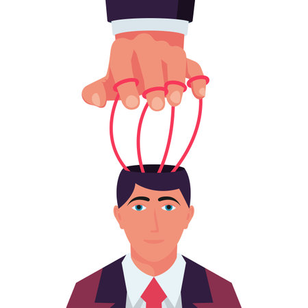 Manipulation concept. Worker on ropes. Abuse of power. Vector illustration flat cartoon. Hand of puppeteer holding a little businessman on a leash. Control workers.のイラスト素材