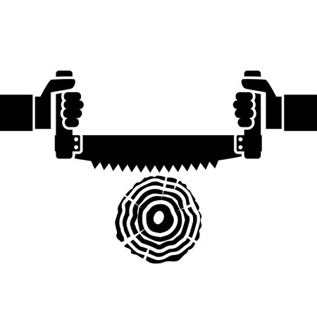 Two men sawing wood. Carpenters with saw in hand. Carpentry work. Wood sectional. Lumberjack working, cabinetmaker, woodworker. Vector illustration flat design. Isolated on white background.のイラスト素材