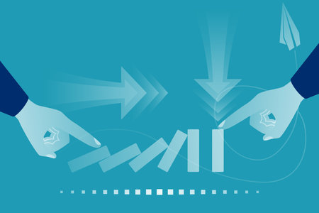 Domino effect concept. One man pushes the dominoes and second stops. Stopping chain reaction business solution. Successful intervention. Vector illustration flat design. Isolated on white background.のイラスト素材