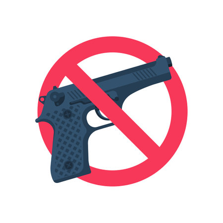 Not gun. Prohibiting sign. Warning Do not bring guns. Ban on firearms. Vector illustration flat design. Isolated on white background.のイラスト素材