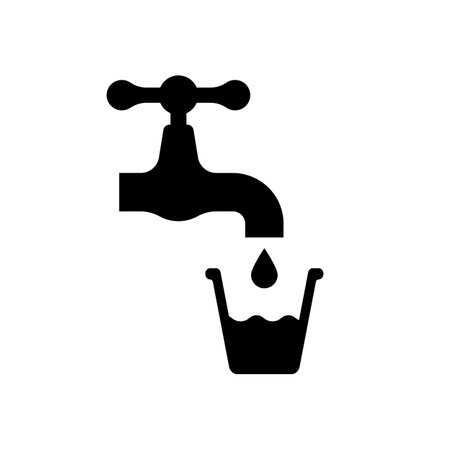 Drink water black icon. Water faucet and a glass of water. Falling drop. Vector illustration flat design. Isolated on white background.のイラスト素材