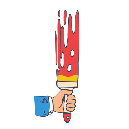 Man holding in hand paintbrush. Drawing red paint on white wall. Blank space for text your advertising, banner, design. Template painting service. Renovation concept. Vector illustration. Sketch styleのイラスト素材
