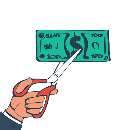 Cutting money, scissors in hands men, cutting dollar banknote. Cost reduction. Half price.  Vector illustration sketch design. Isolated on background. Bill for two. Big discount.のイラスト素材