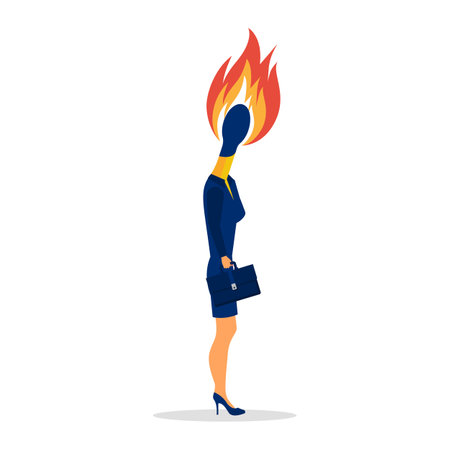 A young businesswoman burnt out from hard work. Burning match instead of the head. Creative crisis. Vector illustration flat design. Isolated on white background. Tired woman. Overworked people.のイラスト素材
