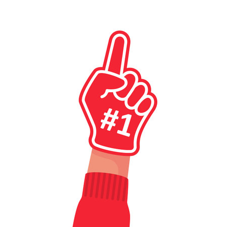 Foam fingers. Number one, fan hand glove with red finger raised. Foam hand. Sport supporting. Hand up with number 1. Vector illustration flat design. Isolated on a white background.のイラスト素材