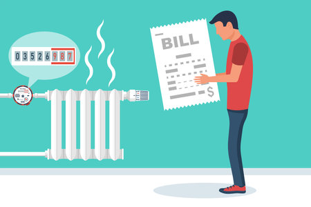 Bill Payment. High utility bills. Stress for a young man. Invoice, payment for heat energy. Modern flat cartoon style. Vector illustration on a white backgroundのイラスト素材