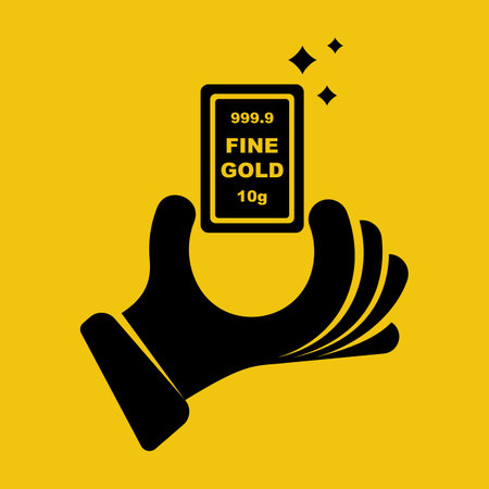 Gold bar black icon in hand. Human holds a fine gold bar. Vector illustration flat design. Isolated on a white background.のイラスト素材
