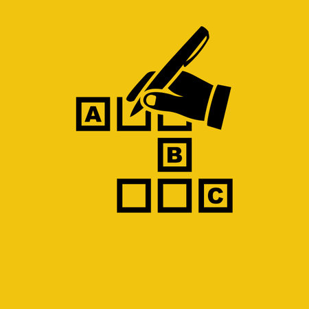Crossword black icon. A man solves a crossword puzzle. Brain training, logic game. Spare time recreation. Vector illustration flat design. Isolated on yellow background.のイラスト素材