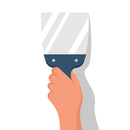 The builder holds a construction spatula in hand. Putty knife in the hand of a home master. Cement trowel. Construction and repair. Apply plaster or putty. Vector illustration flat design.のイラスト素材