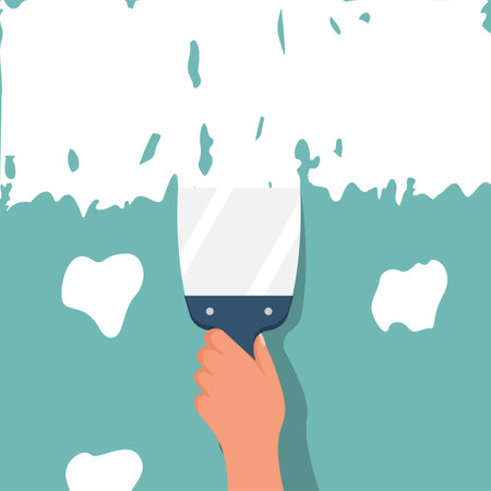 Hands with spatula. The builder holds construction spatula in hand and applies finishing putty to the drywall. Putty knife in the hand of home master. Cement trowel. Vector illustration flat design.のイラスト素材