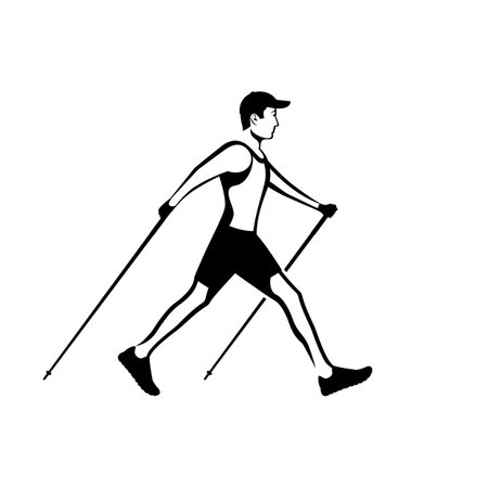 Nordic walking black icon. Sports activities for a healthy lifestyle. Young man, athlete outdoors. Tourism and hiking. Vector illustration flat design. Isolated on white background.のイラスト素材