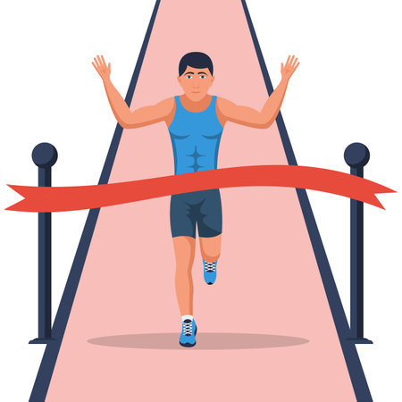 Runner at the finish line. Sprinting athlete at the finish with a winning tape. Vector illustration flat design. Isolated on white background. Sport man. Speed race and winner.のイラスト素材