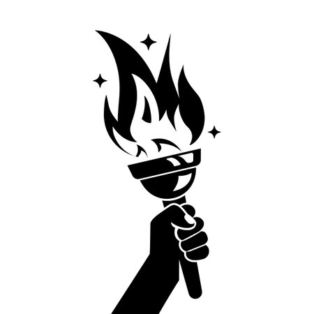 Hand with flaming torch. Sports concept victory. Winner holding golden torch in hand. Vector illustration flat design. Isolated on white background. Symbol of big games, black icon.のイラスト素材