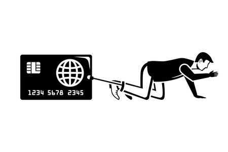 Credit card burdens. Businessman under the weight of debt obligations. Big debt chained to the leg of a businessman. Vector illustration flat design. Isolated on white background.のイラスト素材