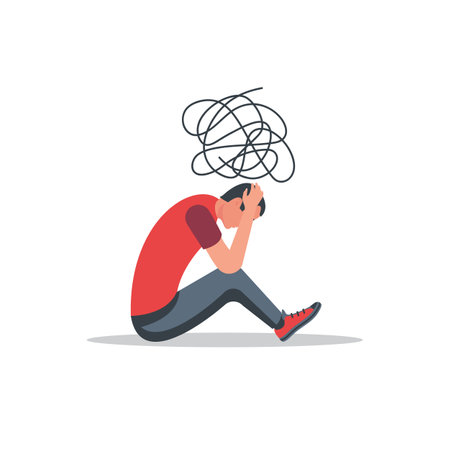 Depression in a young man. Human is under stress. Sense of anxiety. Unhappy person. Businessman worried looking down. Mental pressure. Vector illustration flat design. Isolated on white backgroundのイラスト素材