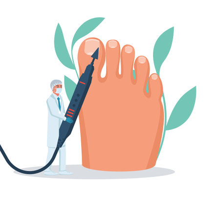 Podiatry concept. Feet treatment. Hardware medical pedicure. Nail cleaning apparatus. Patient on pedicure with pediatrician chiropodist. Clinic podology. Cosmetics of nails of legs. Vector design flatのイラスト素材