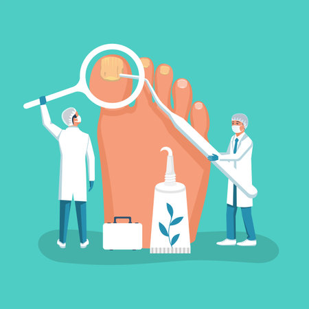 Nail disease. Onychomycosis concept. Fungal nails infection. Doctors exam and treat psoriasis. Paronychia, inflammation of skin around toenail. Doctor dermatologist analyzes fungal disease. Vector.のイラスト素材