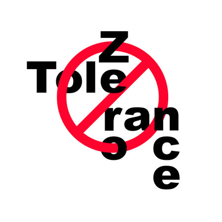 Zero Tolerance Sign. Refusal to accept antisocial behavior. The policy of not allowing any violations of a rule or law. Vector illustration flat design. Isolated on white background.のイラスト素材