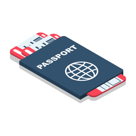 Passport and plane tickets. Passport documents. Passport for travel and tourism.Personal identification. Vector illustration isometric design. Isolated on a white background.のイラスト素材