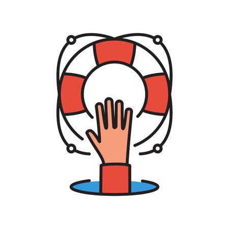 Helping icon. Lifebuoy holding in hand. Vector illustration flat line design. Charity support....