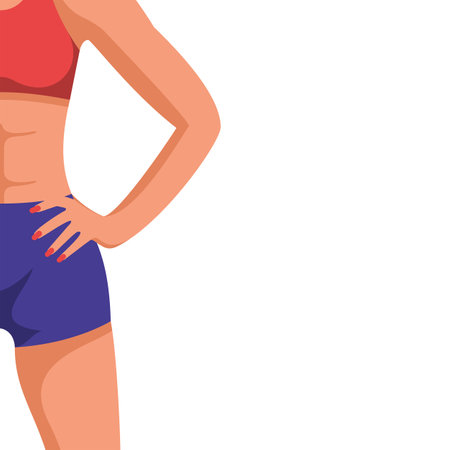 Hands on waist. Slender athletic girl, fitness trainer. Confident sportswoman. Athletic body. Vector illustration flat design. Isolated on white background.のイラスト素材