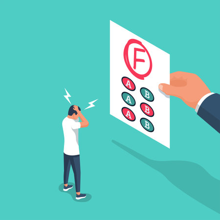 Bad grade student. Failed test. Bad rating. Negative result. Disgruntled caucasian student, disappointed with test with grade F. Vector illustration isometric design. Isolated on a white background.のイラスト素材