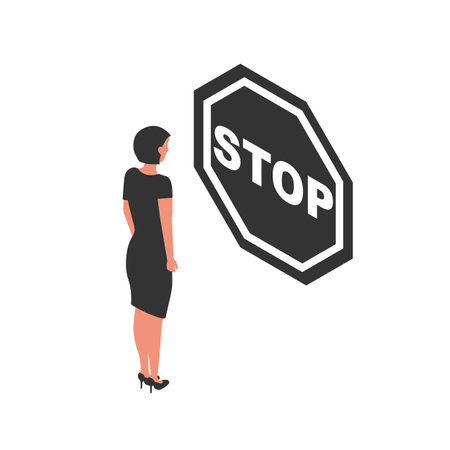Stop sign on the path of a businesswoman. An obstacle in a persons path. Vector illustration isometric design. Isolated on white background.のイラスト素材