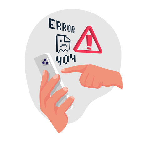 Page load error. Error Web site 404 on the screen of the smartphone. Torn page in pixel design....