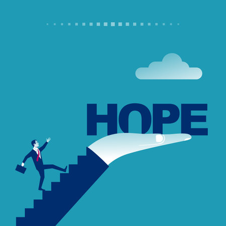 Hope concept. Businessman runs up stairs with hope. Light of future. Striving for growth and inspiration. Motivational template for web. New opportunity. Vector illustration flat design.のイラスト素材