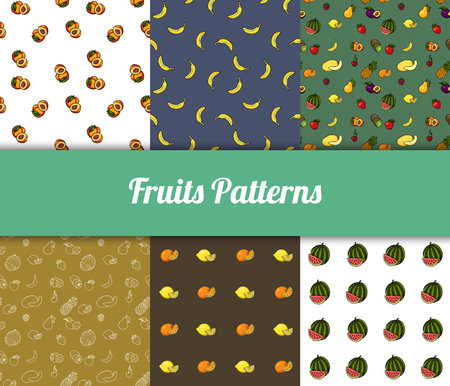 Colorful hand drawn vector fruits seamless patterns set.