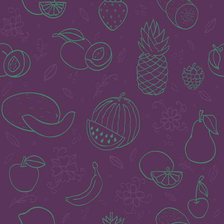 Colorful hand drawn seamless pattern with fruits and berries. Doodle pineapple, banana, watermelon, orange  peach and other juicy fruitsのイラスト素材