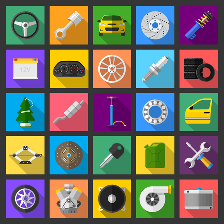 Auto car mechanic service maintenance icons. Flat vector illustrations of brakes, engine, wheel, exhaust, tires and other car parts with long shadowのイラスト素材