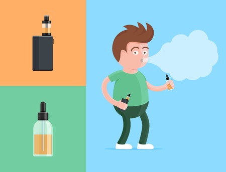 Happy young vaper man holding electronic cigarette and vaping e-liquid fluid in his hands and exhaling cloud of vapor or smoke. E-cigarette electronic personal vaporizer box mod vector illustrationのイラスト素材