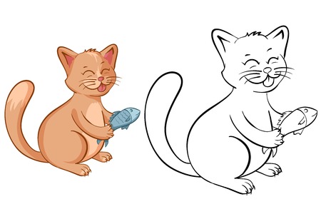 Coloring book page for kids with funny cartoon cat with fish. Vector illustrationのイラスト素材