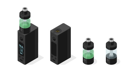 Isometric vector icon set of electronic cigarette and vaping e-liquid into atomizer tank. Modern box mod personal vaporizer variable voltage device  3d illustration isolated on white backgroundのイラスト素材