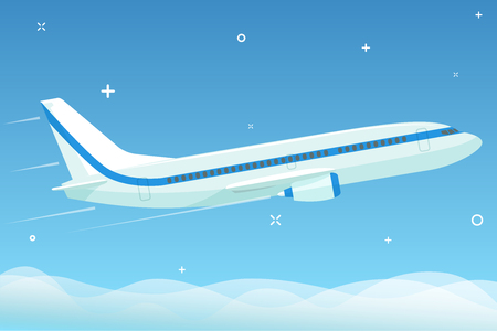 White airplane flies in the night sky with stars under the clouds. Flat vector illustrationのイラスト素材