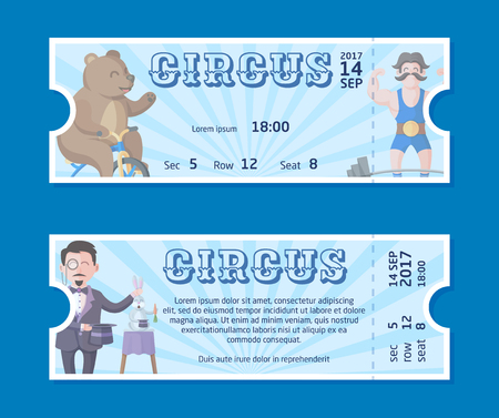 Cute circus ticket templates with happy bear on bicycle, strong man and mysterious magician illusionist with his magic hat and trained rabbit. Miraculous circus show flat vector cartoon illustration.のイラスト素材